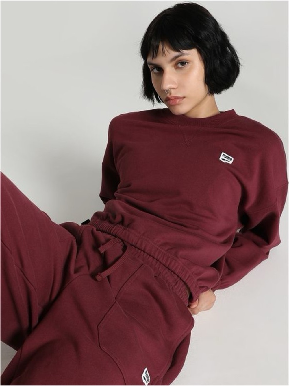 NWT PUMA DOWNTOWN Oversized Crew Women Sweatshirt | Sz S | Maroon/Burgundy